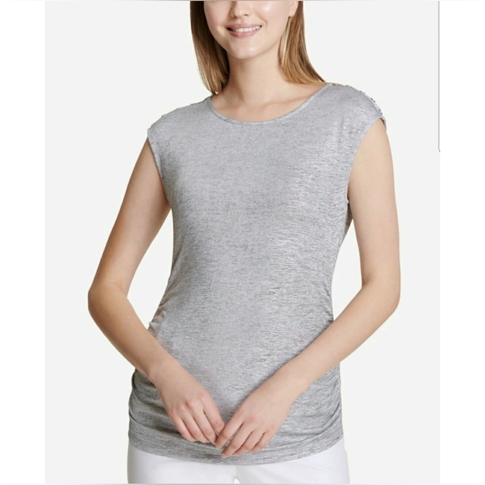$60 CALVIN KLEIN Women's Gray Metallic Silver Button Blouse Shirt Top XL T5